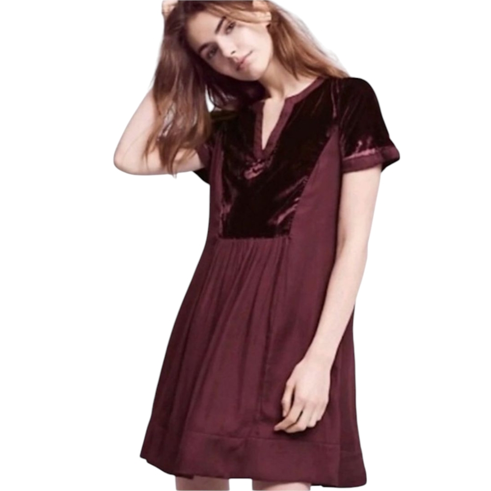 Anthropologie Maeve Velvet Tunic Dress | Medium | Plum Maroon Short Sleeve Winte